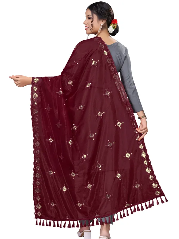 Organza_Embroidered_Dupatta_With_Sequins_Mirror_Work_Tassels_Maroon