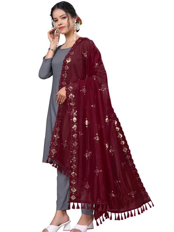 Organza_Embroidered_Dupatta_With_Sequins_Mirror_Work_Tassels_Maroon