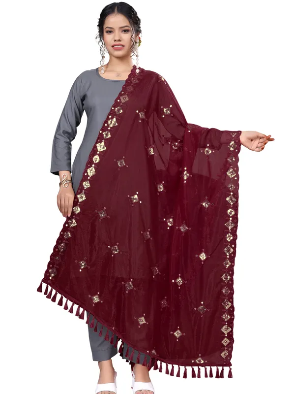 Organza_Embroidered_Dupatta_With_Sequins_Mirror_Work_Tassels_Maroon