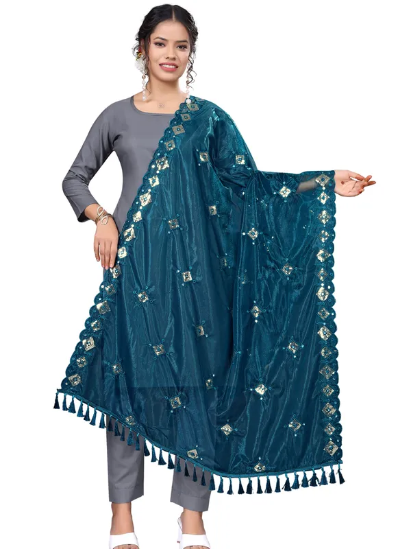 Organza_Embroidered_Dupatta_With_Sequins_Mirror_Work_Tassels_Kerosin_Blue
