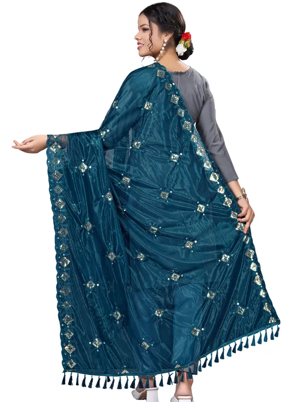 Organza_Embroidered_Dupatta_With_Sequins_Mirror_Work_Tassels_Kerosin_Blue