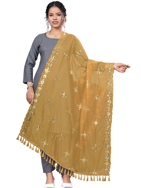 Organza_Embroidered_Dupatta_With_Sequins_Mirror_Work_Tassels_Mustard_Yellow