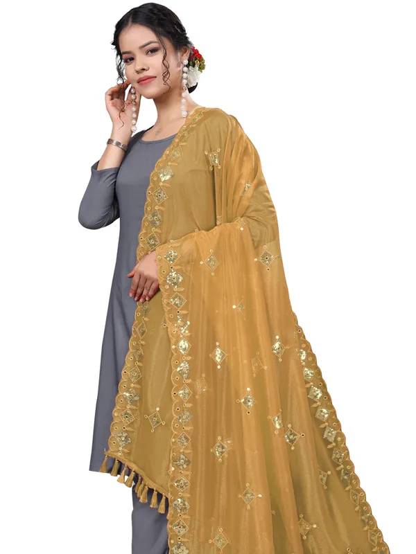Organza_Embroidered_Dupatta_With_Sequins_Mirror_Work_Tassels_Mustard_Yellow