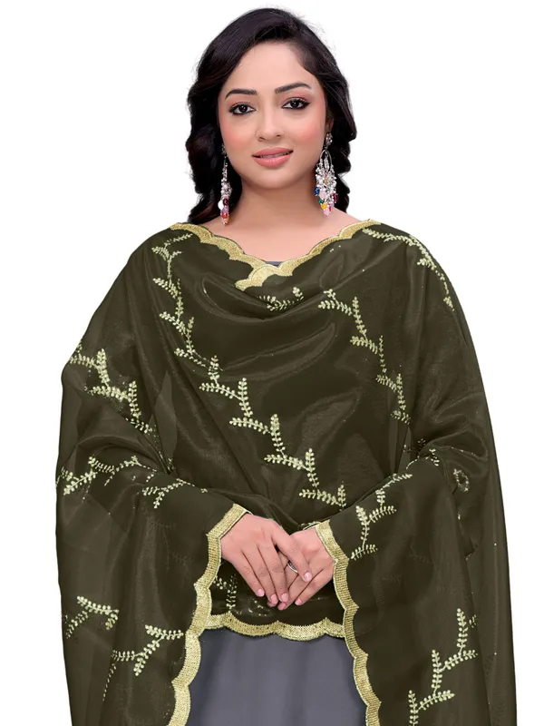 Organza_Embroidered_Dupatta_With_Sequin_Work_Scalloped_Border_Mahendi_Green