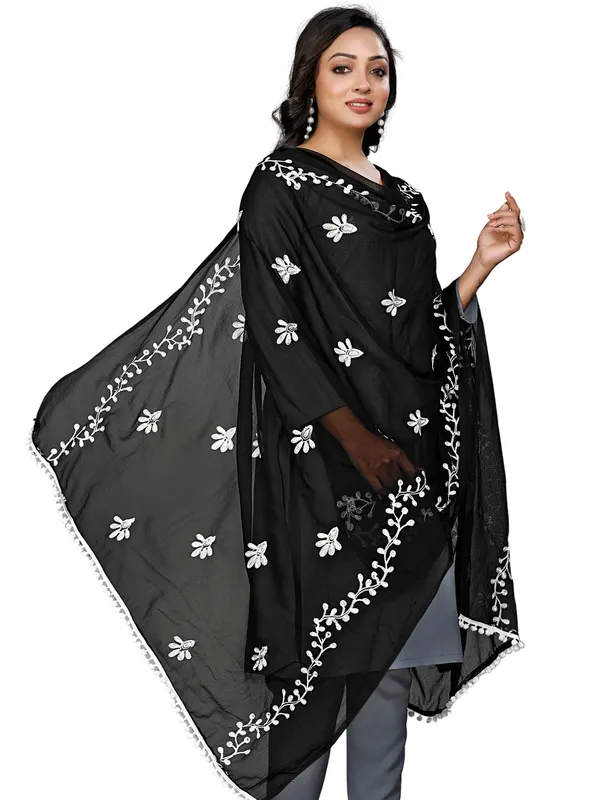 Chiffon_Embroidered_Dupatta_With_Floral_Butis_Pom_Pom_Lace_Black