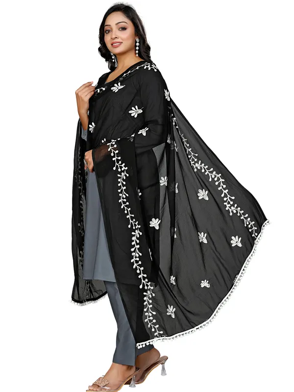 Chiffon_Embroidered_Dupatta_With_Floral_Butis_Pom_Pom_Lace_Black