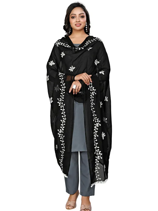 Chiffon_Embroidered_Dupatta_With_Floral_Butis_Pom_Pom_Lace_Black