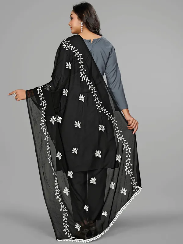 Chiffon_Embroidered_Dupatta_With_Floral_Butis_Pom_Pom_Lace_Black