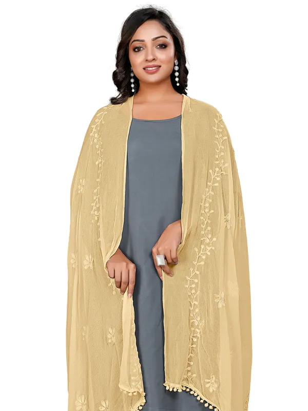Chiffon_Embroidered_Dupatta_With_Floral_Butis_Pom_Pom_Lace_Beige