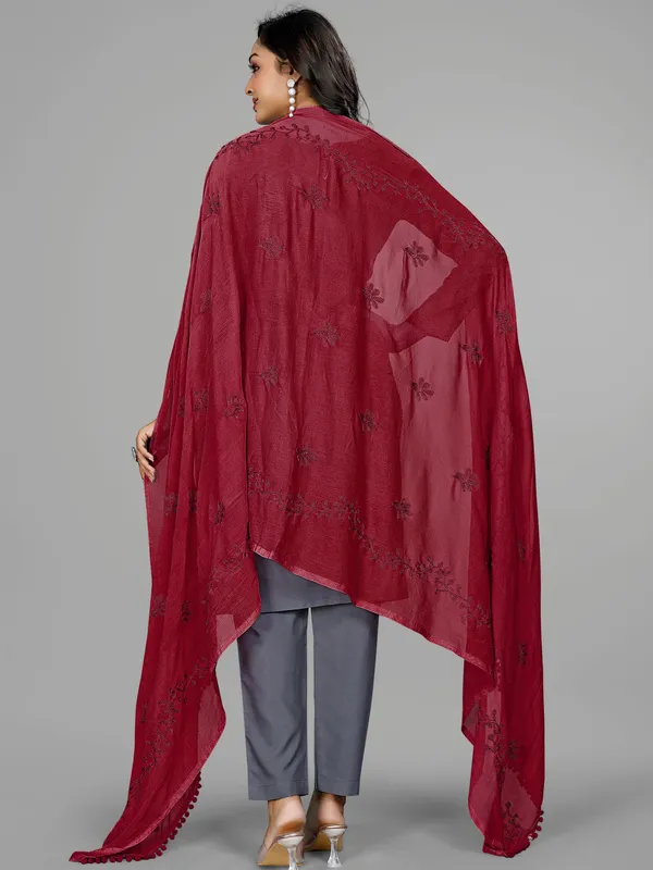 Chiffon_Embroidered_Dupatta_With_Floral_Butis_Pom_Pom_Lace_Maroon