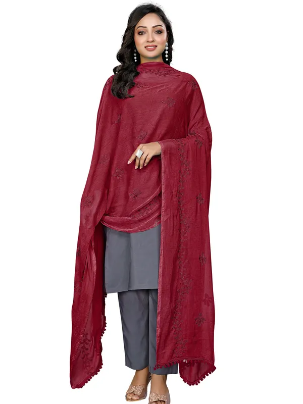 Chiffon_Embroidered_Dupatta_With_Floral_Butis_Pom_Pom_Lace_Maroon