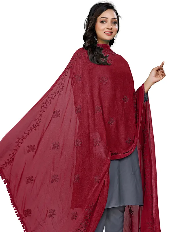 Chiffon_Embroidered_Dupatta_With_Floral_Butis_Pom_Pom_Lace_Maroon