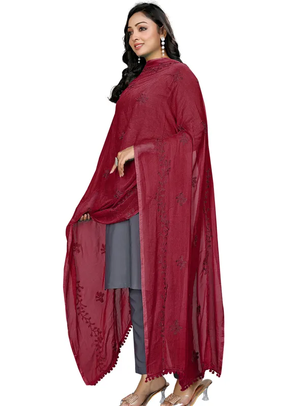 Chiffon_Embroidered_Dupatta_With_Floral_Butis_Pom_Pom_Lace_Maroon