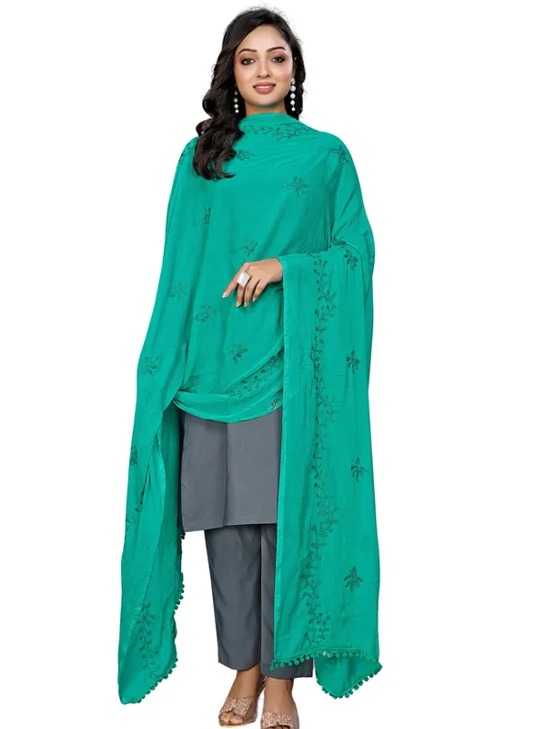 Chiffon_Embroidered_Dupatta_With_Floral_Butis_Pom_Pom_Lace_Rama_Green