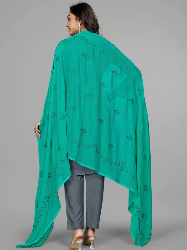 Chiffon_Embroidered_Dupatta_With_Floral_Butis_Pom_Pom_Lace_Rama_Green