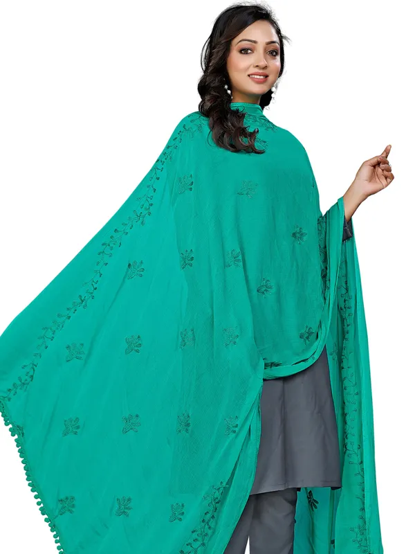 Chiffon_Embroidered_Dupatta_With_Floral_Butis_Pom_Pom_Lace_Rama_Green