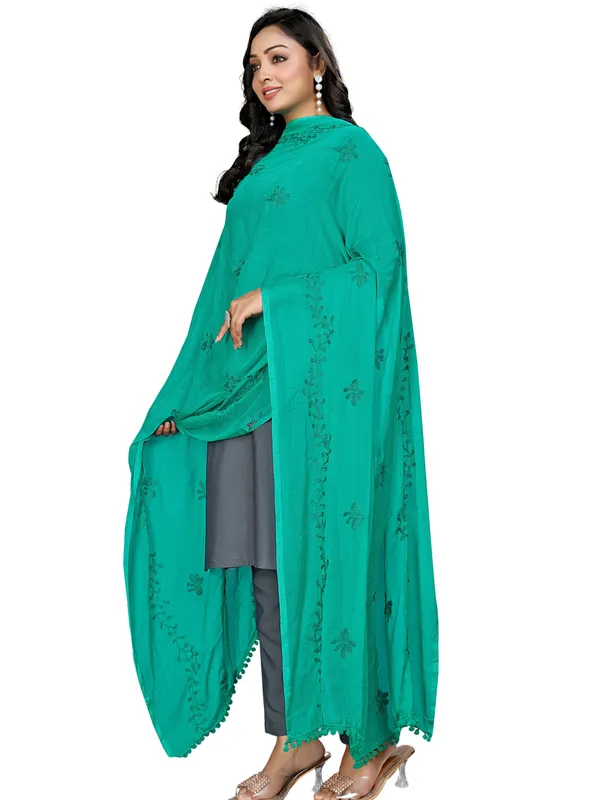 Chiffon_Embroidered_Dupatta_With_Floral_Butis_Pom_Pom_Lace_Rama_Green
