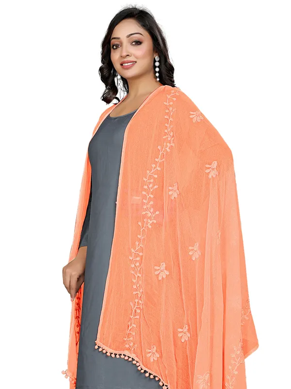 Chiffon_Embroidered_Dupatta_With_Floral_Butis_Pom_Pom_Lace_Peach