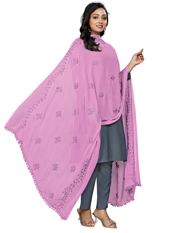 Chiffon_Embroidered_Dupatta_With_Floral_Butis_Pom_Pom_Lace_Light_Pink