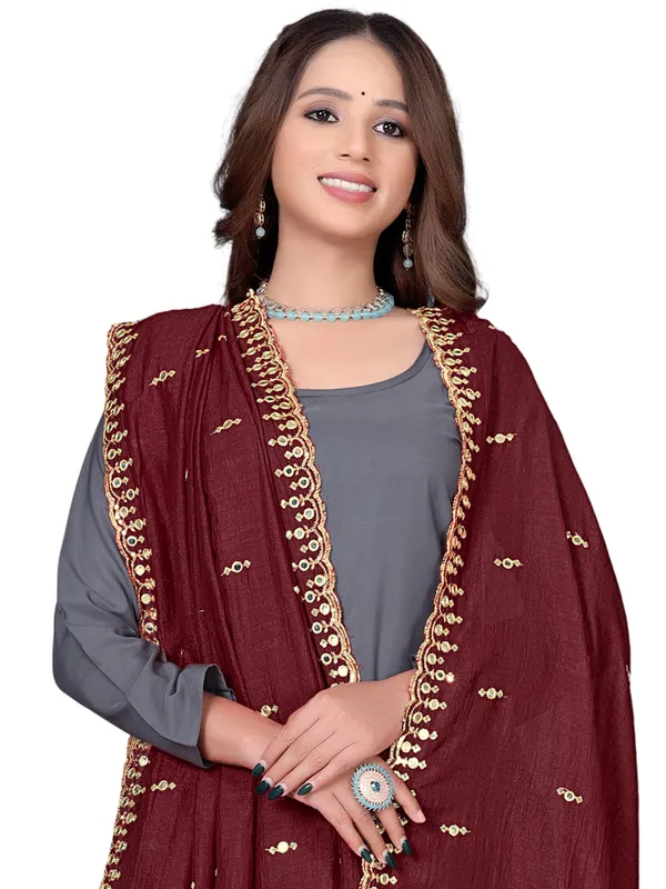 Vichitra_Art_Silk_Embroidered_Dupatta_With_Mirror_Work_Border_Maroon