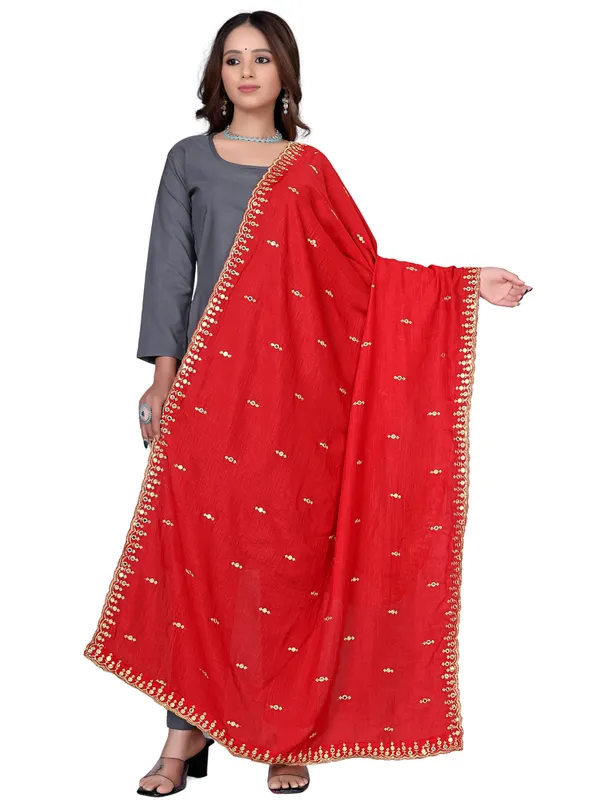 Vichitra_Art_Silk_Embroidered_Dupatta_With_Mirror_Work_Border_Red