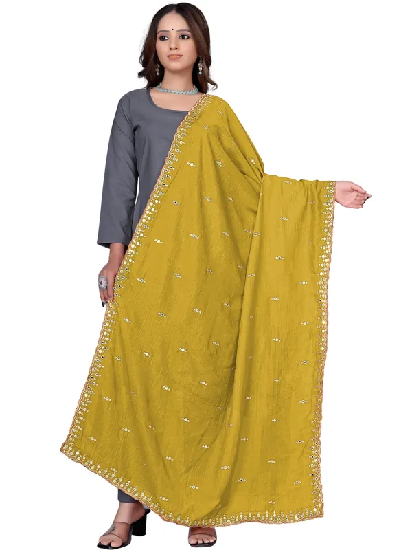 Vichitra_Art_Silk_Embroidered_Dupatta_With_Mirror_Work_Border_Mustard_Yellow