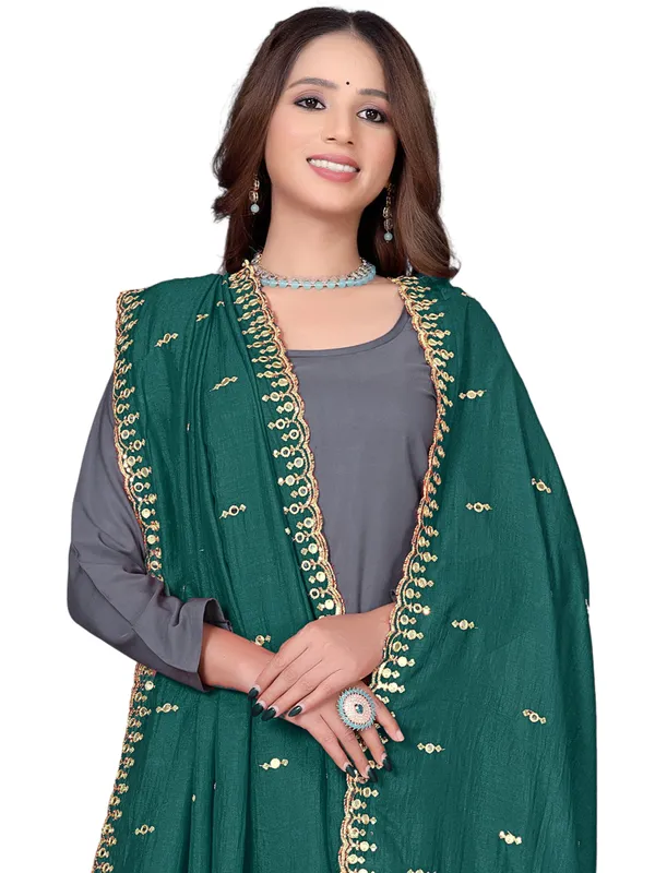 Vichitra_Art_Silk_Embroidered_Dupatta_With_Mirror_Work_Border_Rama_Green