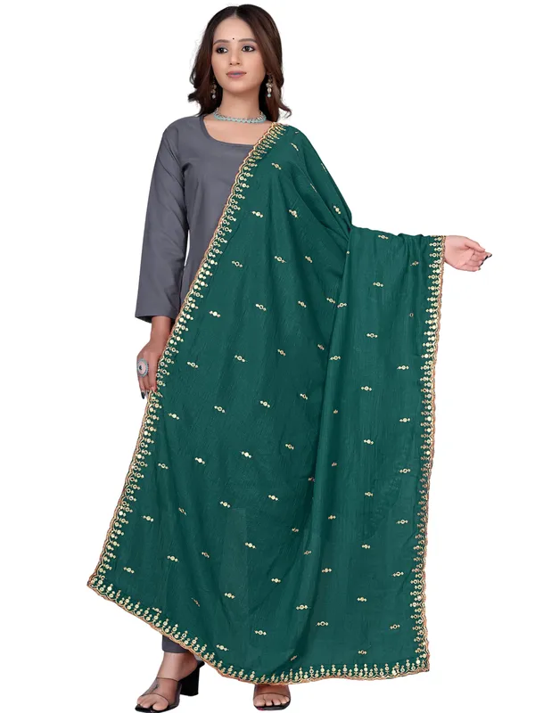 Vichitra_Art_Silk_Embroidered_Dupatta_With_Mirror_Work_Border_Rama_Green