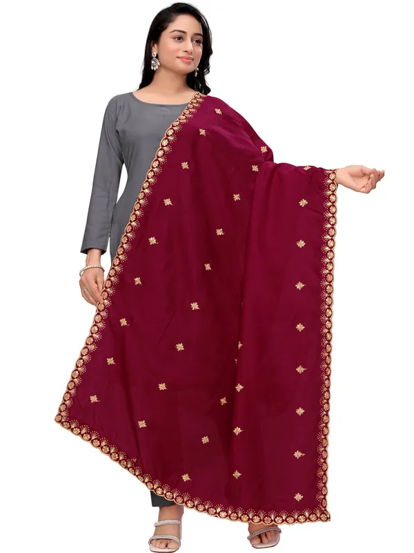 Vichitra_Art_Silk_Dupatta_With_Zari_Sequin_Embroidery_Buti_Maroon