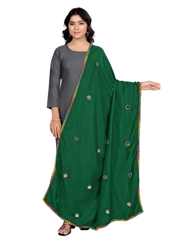 Vichitra_Art_Silk_Mirror_Work_Dupatta_With_Multicolour_Lace_Green
