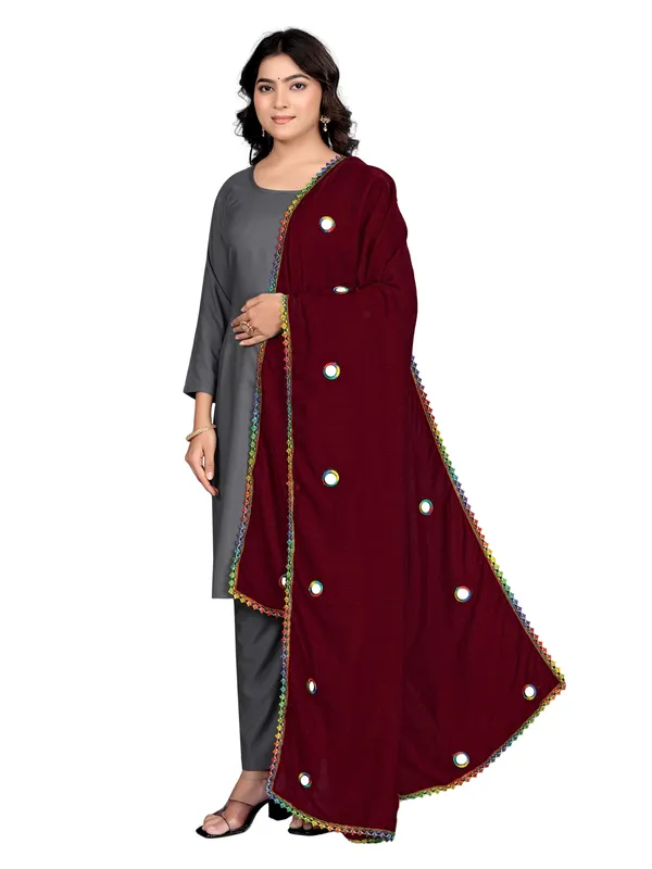Vichitra_Art_Silk_Mirror_Work_Dupatta_With_Multicolour_Lace_Maroon