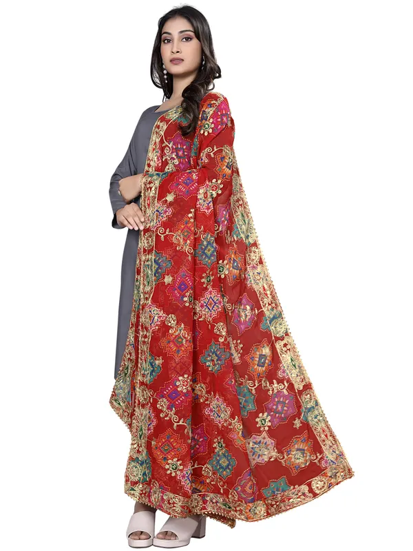 Printed_Georgette_Dupatta_With_Thread_Embroidery_Sequins_Red