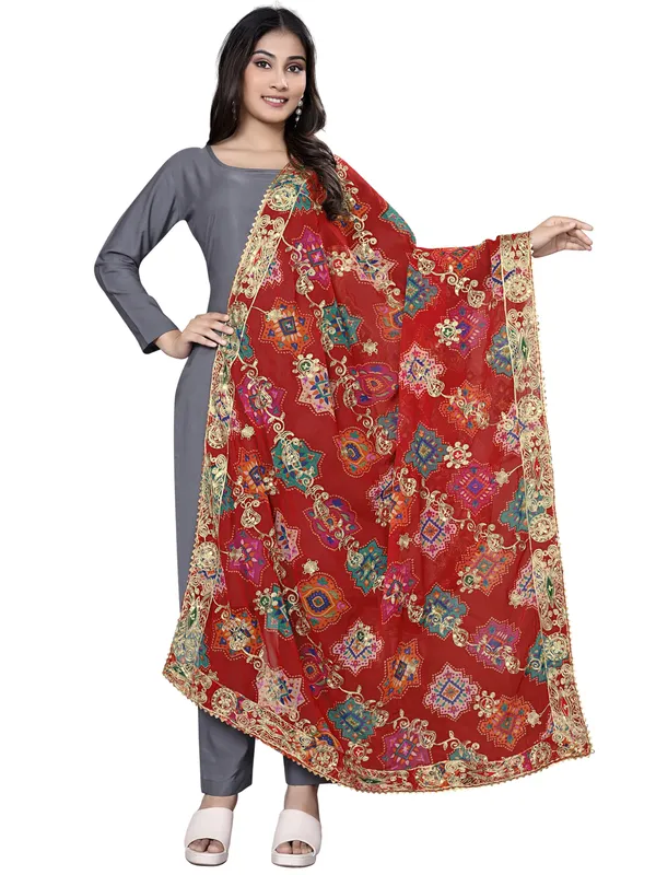 Printed_Georgette_Dupatta_With_Thread_Embroidery_Sequins_Red