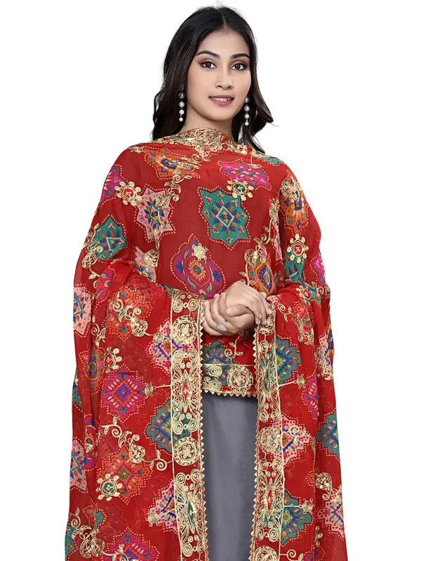 Printed_Georgette_Dupatta_With_Thread_Embroidery_Sequins_Red