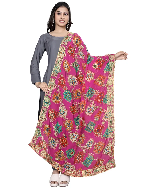 Printed_Georgette_Dupatta_With_Thread_Embroidery_Sequins_Pink