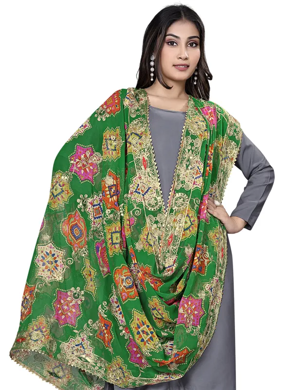 Printed_Georgette_Dupatta_With_Thread_Embroidery_Sequins_Green