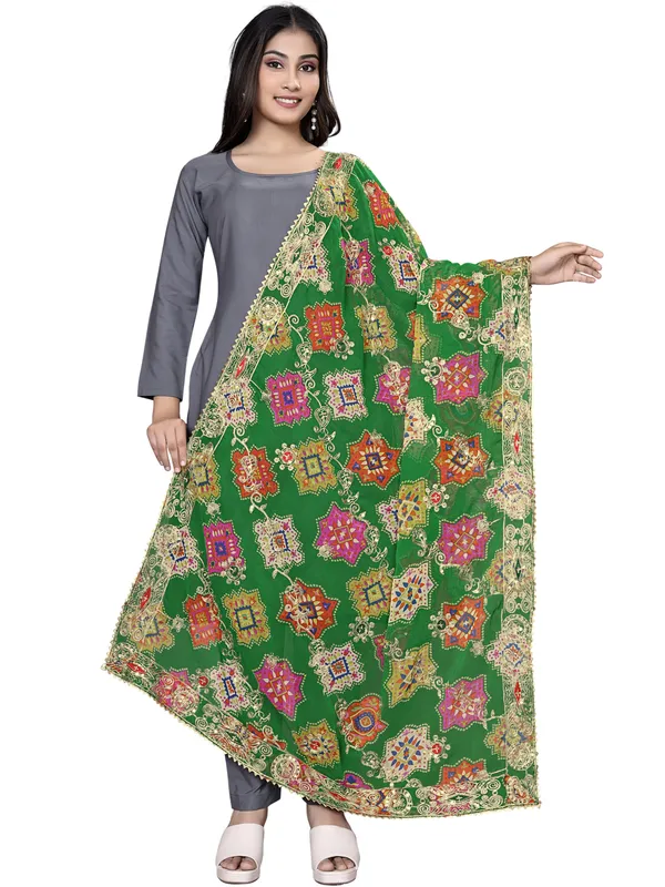 Printed_Georgette_Dupatta_With_Thread_Embroidery_Sequins_Green