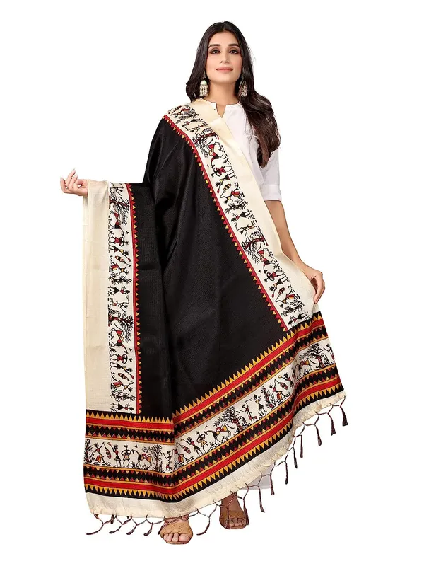 Cotton_Silk_Warli_Digital_Print_Dupatta_With_Tassels_Black