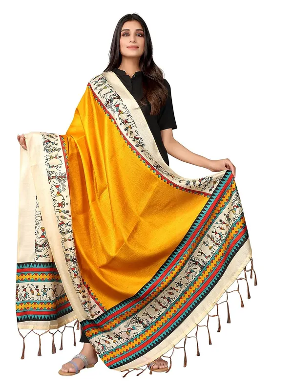 Cotton_Silk_Warli_Digital_Print_Dupatta_With_Tassels_Yellow