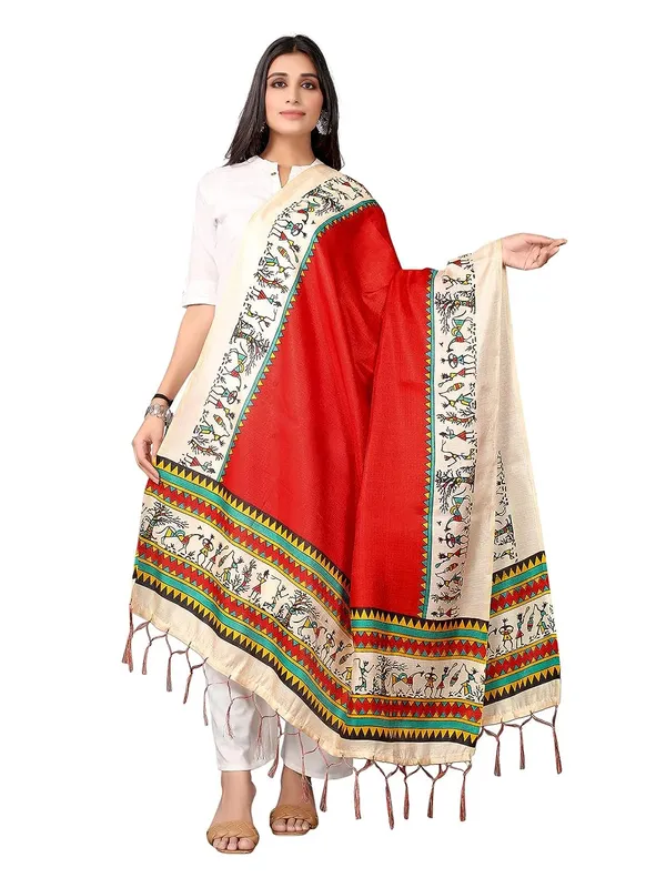 Cotton_Silk_Warli_Digital_Print_Dupatta_With_Tassels_Red