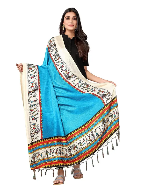 Cotton_Silk_Warli_Digital_Print_Dupatta_With_Tassels_Sky_Blue