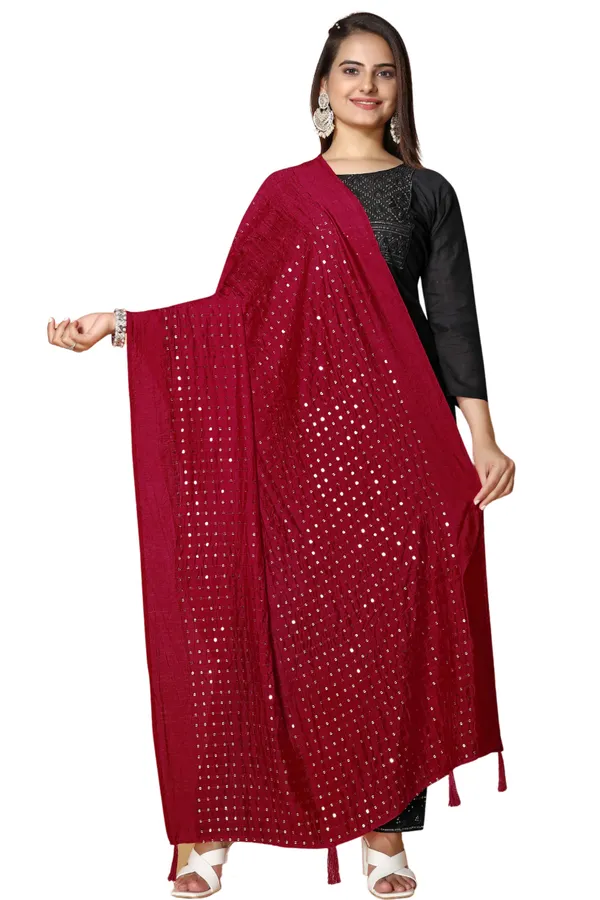 Chanderi_Sequin_Embroidered_Dupatta_With_Tassels_Maroon