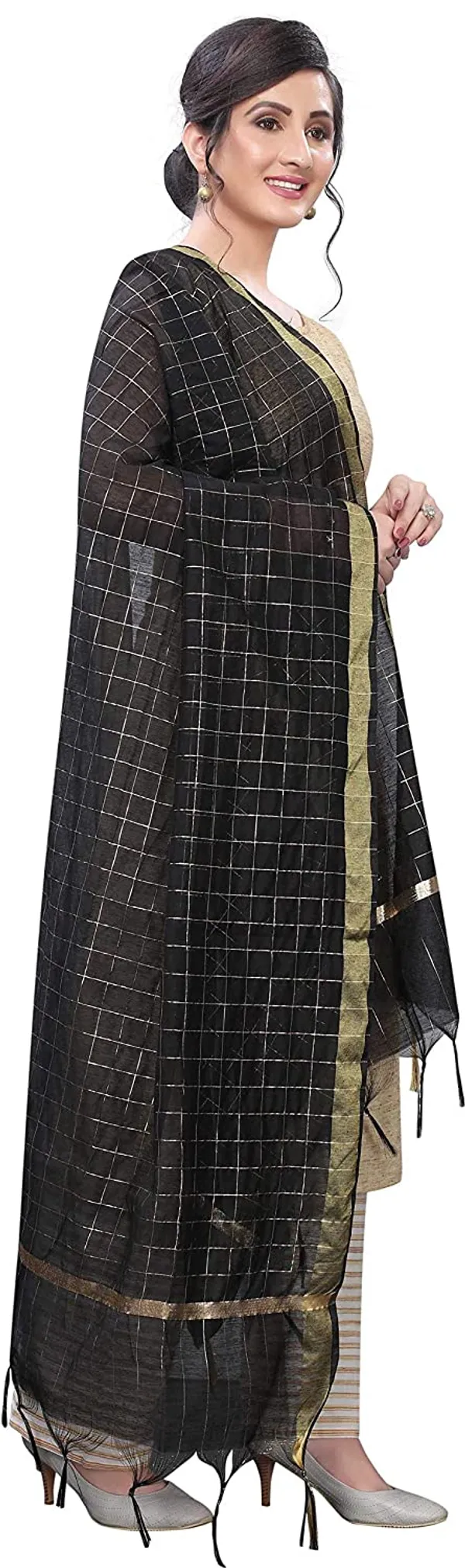 Chanderi_Zari_Checks_Dupatta_With_Woven_Border_Tassels_Black