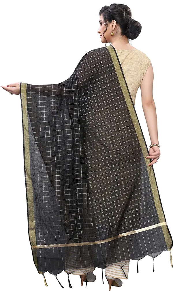 Chanderi_Zari_Checks_Dupatta_With_Woven_Border_Tassels_Black