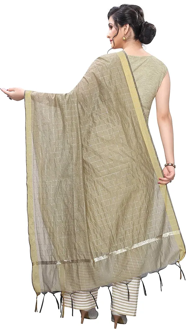 Chanderi_Zari_Checks_Dupatta_With_Woven_Border_Tassels_Beige