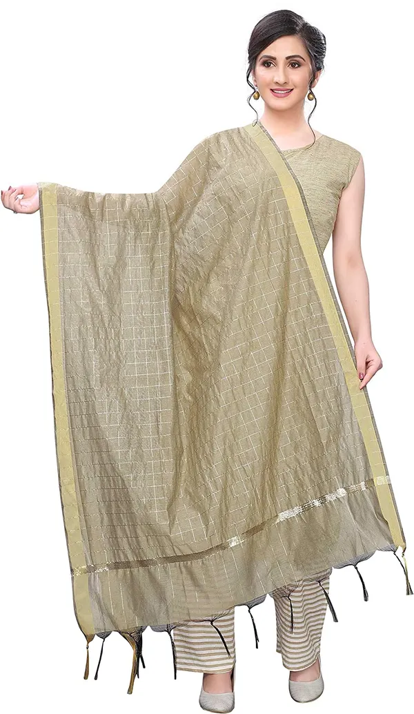 Chanderi_Zari_Checks_Dupatta_With_Woven_Border_Tassels_Beige