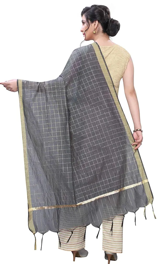 Chanderi_Zari_Checks_Dupatta_With_Woven_Border_Tassels_Grey