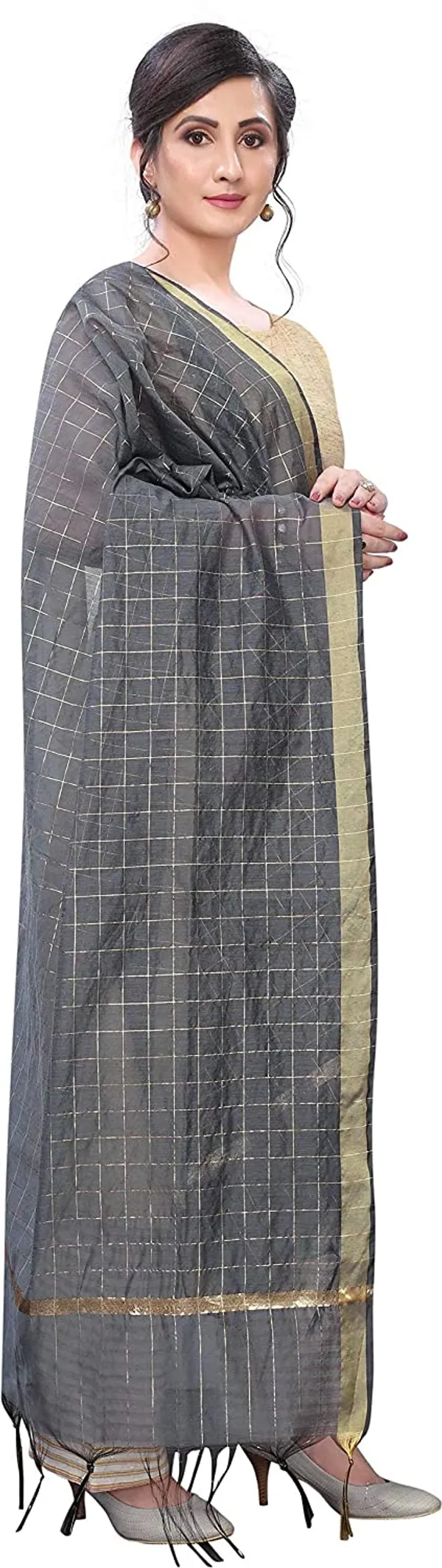 Chanderi_Zari_Checks_Dupatta_With_Woven_Border_Tassels_Grey
