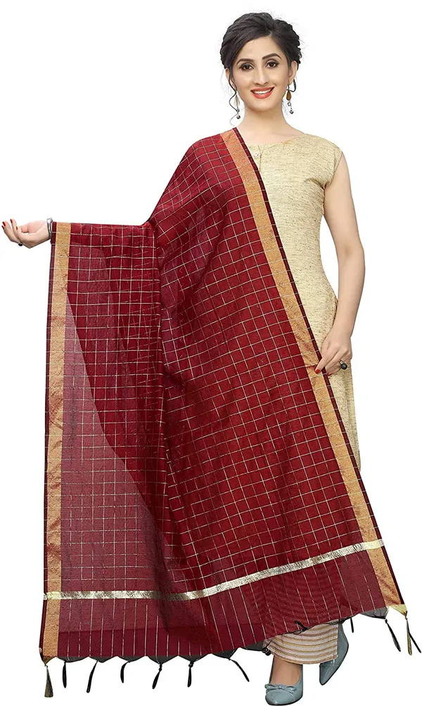 Chanderi_Zari_Checks_Dupatta_With_Woven_Border_Tassels_Maroon