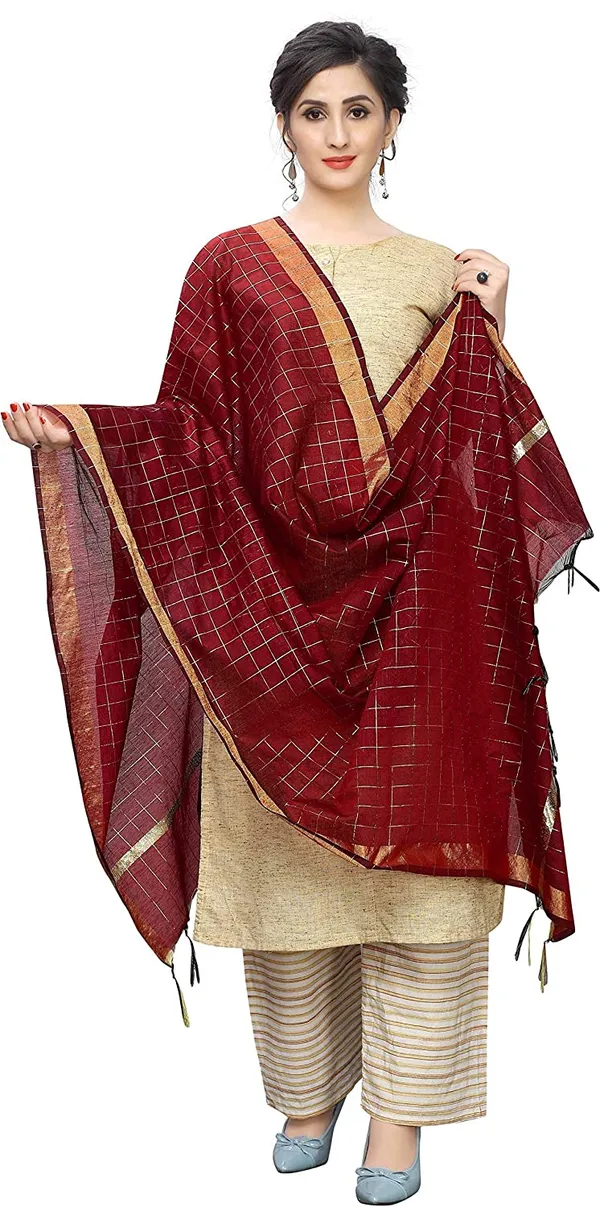 Chanderi_Zari_Checks_Dupatta_With_Woven_Border_Tassels_Maroon